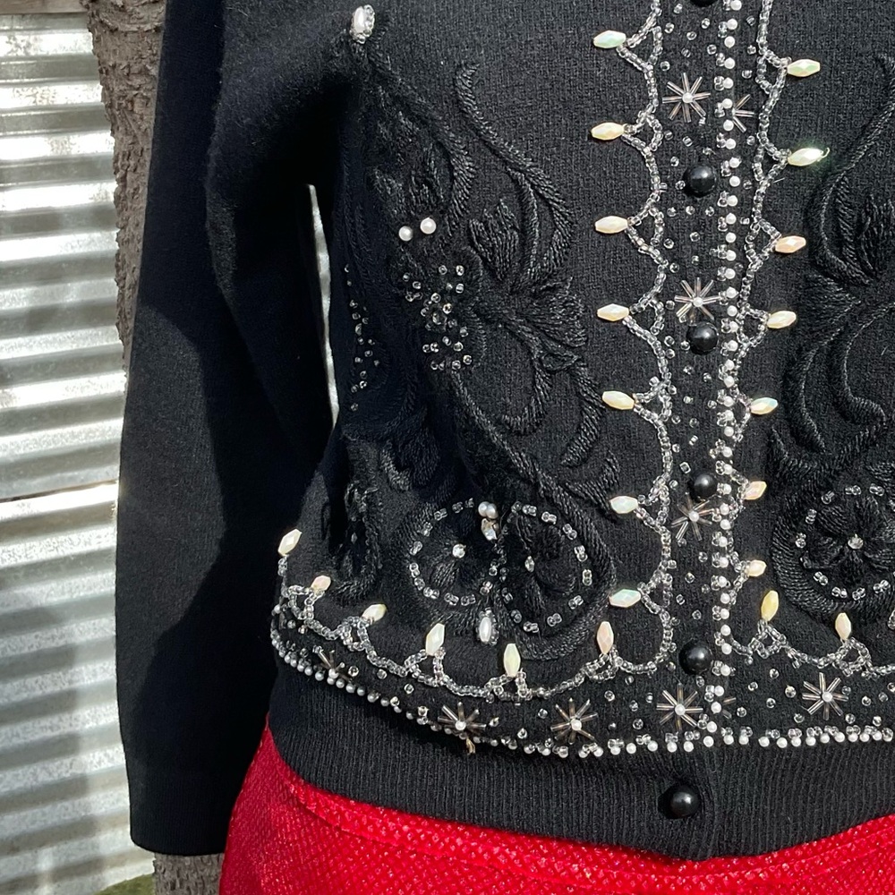 VTG Black Beaded Embroidered Angora Cardigan Sweater Small - Picture 4 of 6